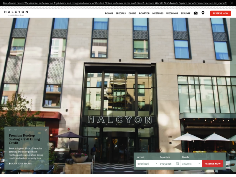 Halcyon Hotel Cherry Creek website screenshot